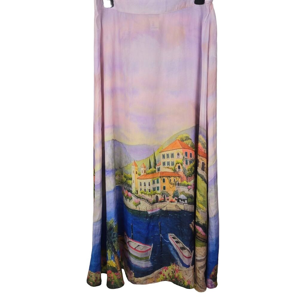 GLOBAL COASTAL Rachel Zoe Maxi Skirt L Multicolor Coastal Landscape Elastic nwt